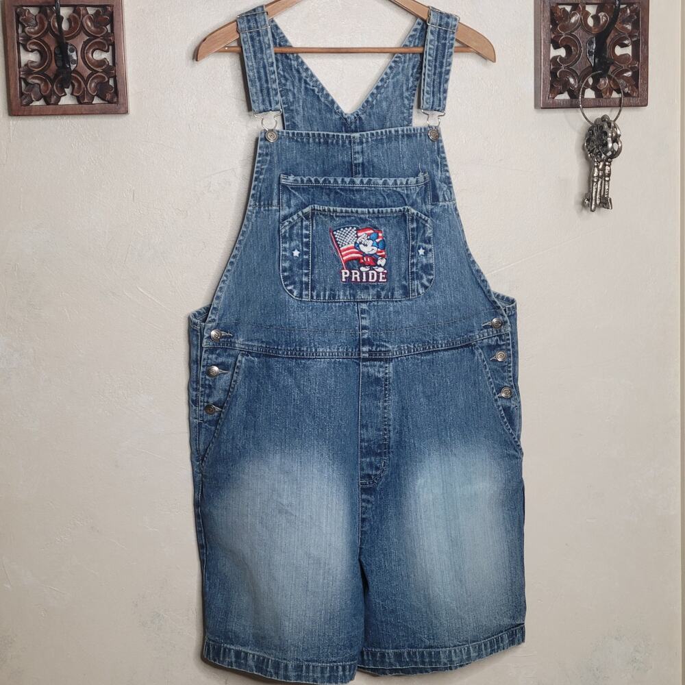 VTG Disney Mickey Mouse American USA Pride Embroidered Denim Overall Short✨️XL